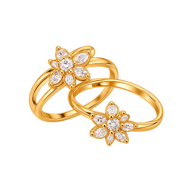 Floral gold and diamond rings